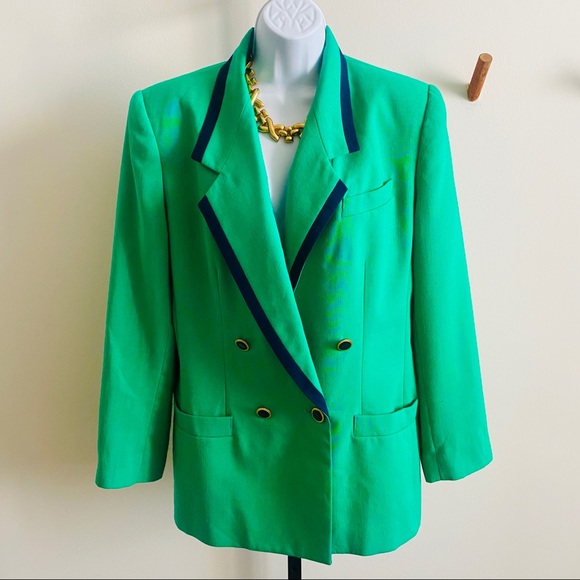 Great Kelly Green & Navy Blue Detail Double Breasted Versatile Wear Blazer - Picture 5 of 11
